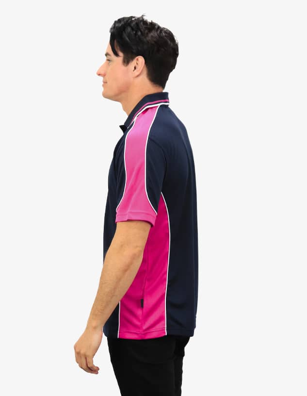 A navy blue polo shirt with pink panels and a logo on the chest, displayed on a model from the side.