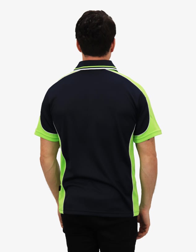 A polo shirt featuring a black body and bright green sleeves. The shirt has a logo on the back.