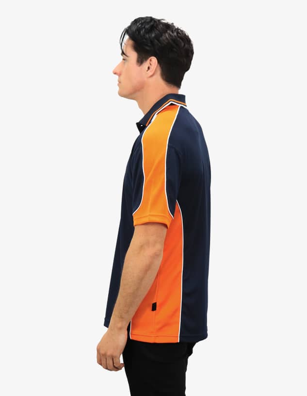 A polo shirt featuring navy blue and orange colours, with a logo on the chest.