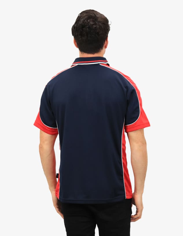 A navy and red polo shirt with contrast piping, featuring a logo on the side.