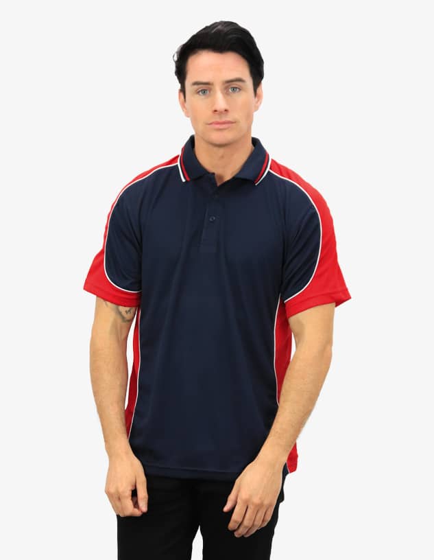 A navy and red polo shirt featuring short sleeves and a logo on the chest.