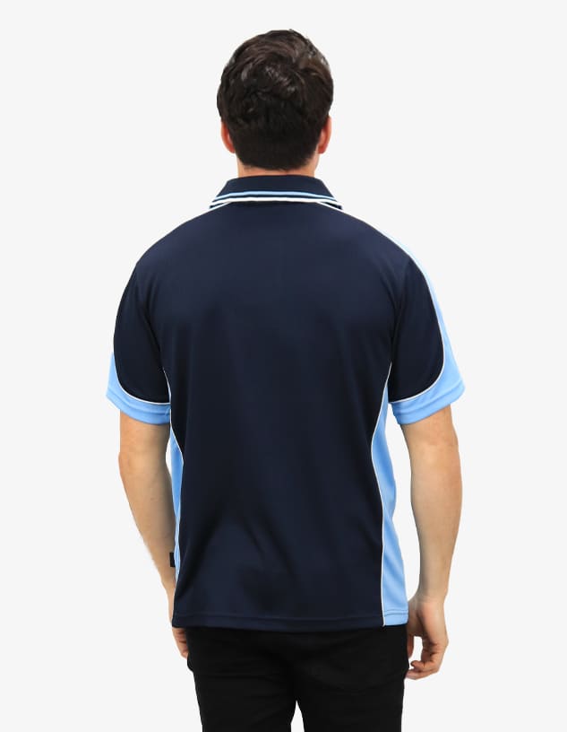 A navy blue and light blue polo shirt with a logo, viewed from the back. 
