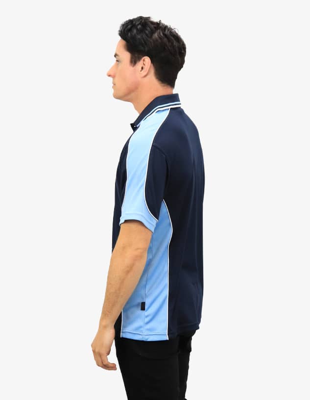A navy blue polo shirt with light blue accents, featuring a logo on the garment.