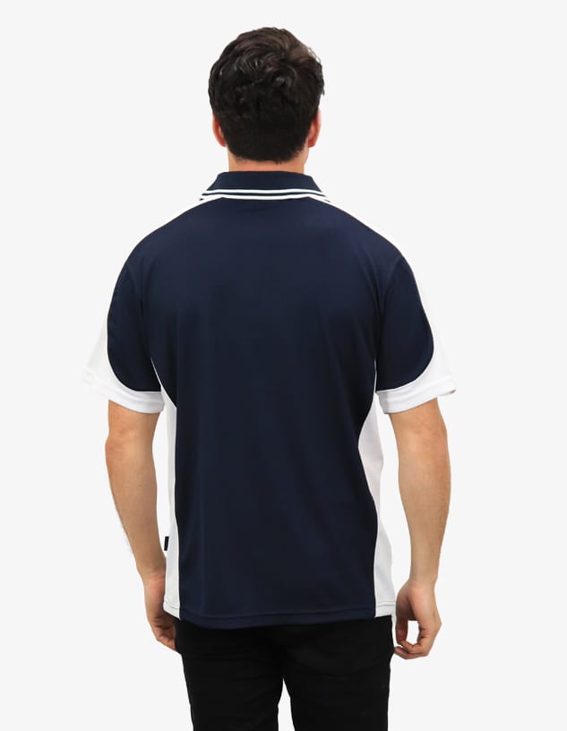 A navy blue and white polo shirt displayed from the back, featuring a logo.