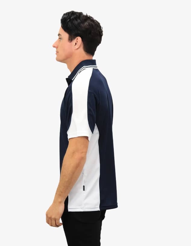 A navy and white polo shirt featuring a logo, displayed from the side.