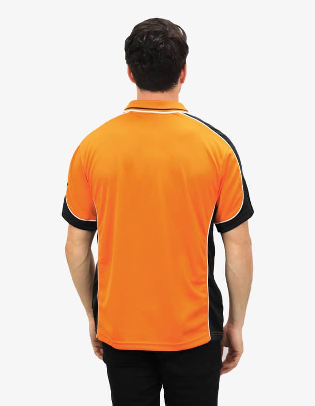 A polo shirt in orange and black, featuring a logo, viewed from the back.
