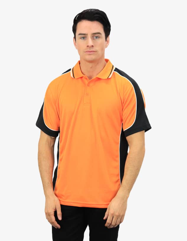An orange polo shirt with black side accents and a logo. Features a classic collar and short sleeves.
