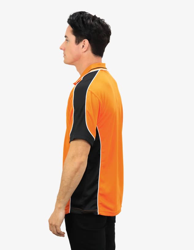 A polo shirt in vibrant orange with black accents and piping. It features a logo on the chest.