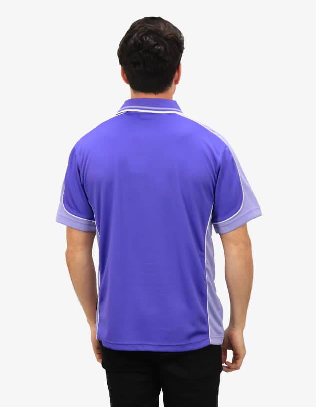 A purple polo shirt with contrasting light purple detailing, featuring a logo on the back.