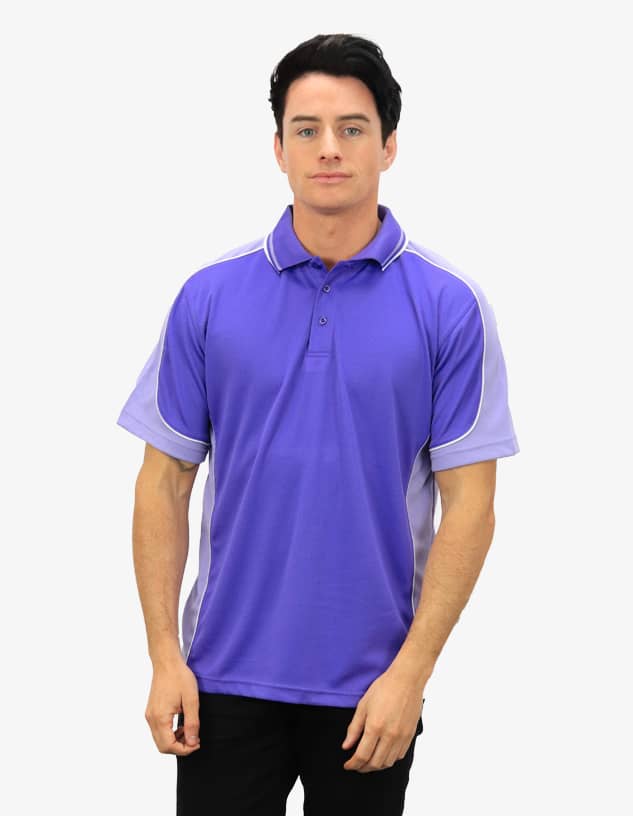 A purple polo shirt with light purple accents and a logo, displayed on a model.