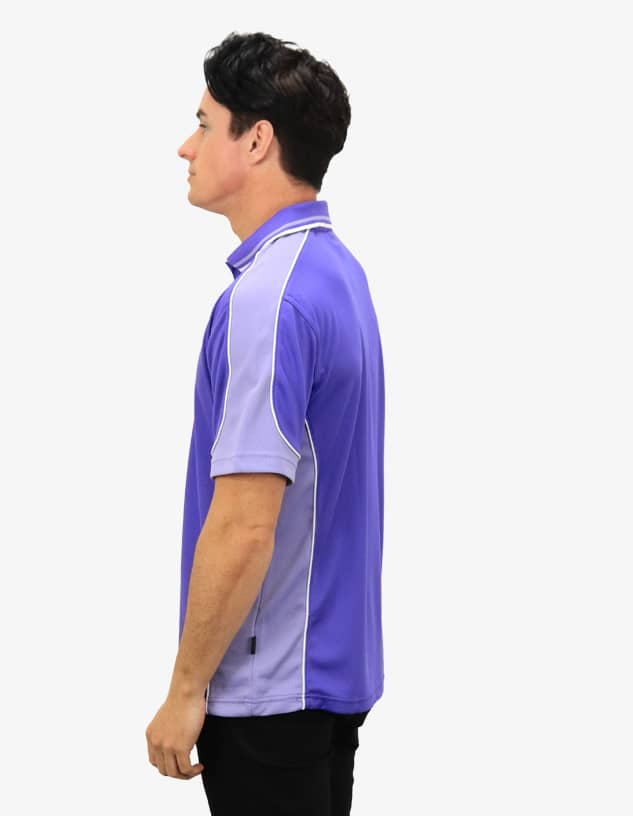 A purple polo shirt with contrasting stitching, shown from the side, featuring a logo.