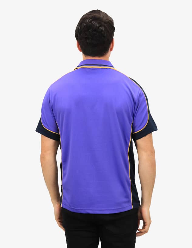 A polo shirt in purple with navy accents and a logo on the back.