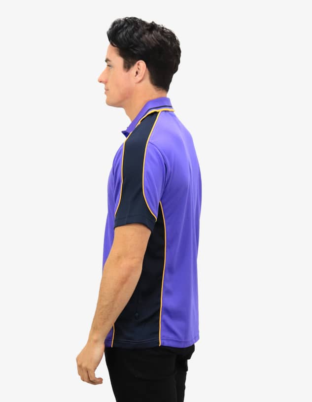 A polo shirt featuring a purple body with black sides and a logo on the front.