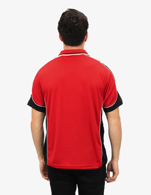 A red and black polo shirt with a contrasting design and a logo on the upper back.