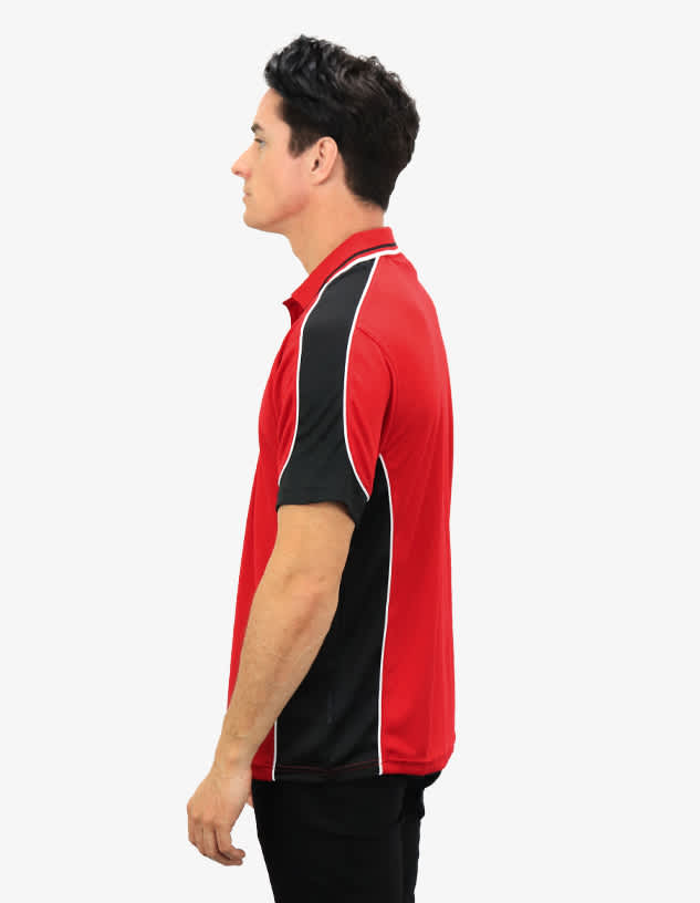 A red and black polo shirt featuring a logo, displayed from the side.
