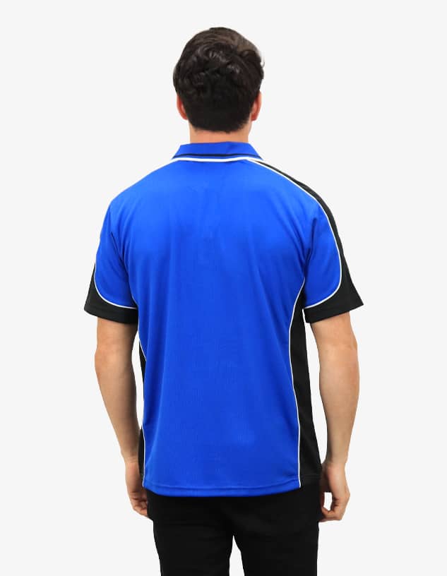 A polo shirt in blue and black with contrasting piping, featuring a logo on the back.