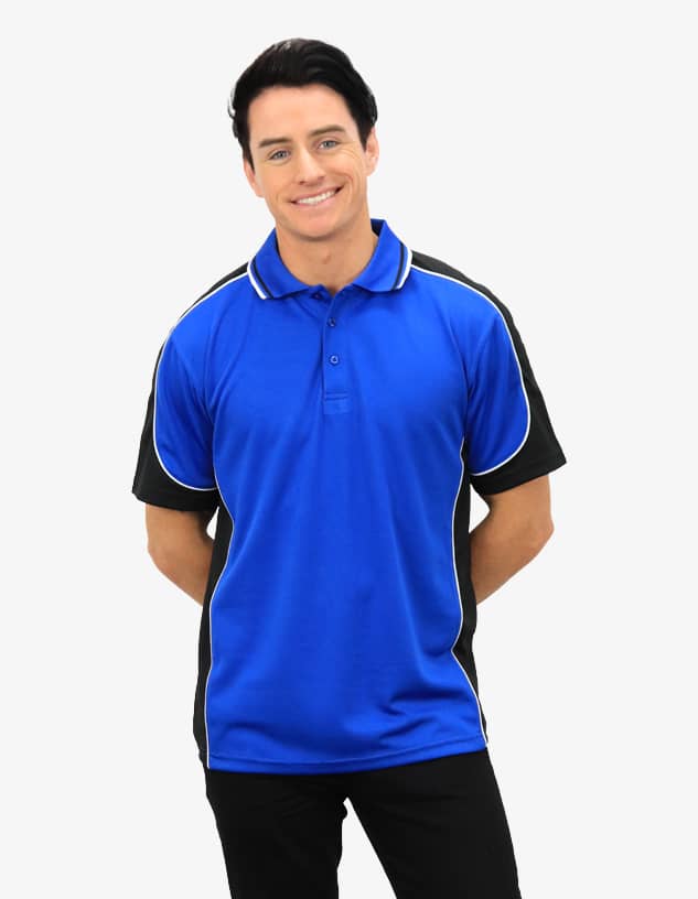 A blue and black polo shirt featuring a logo, designed for casual wear.