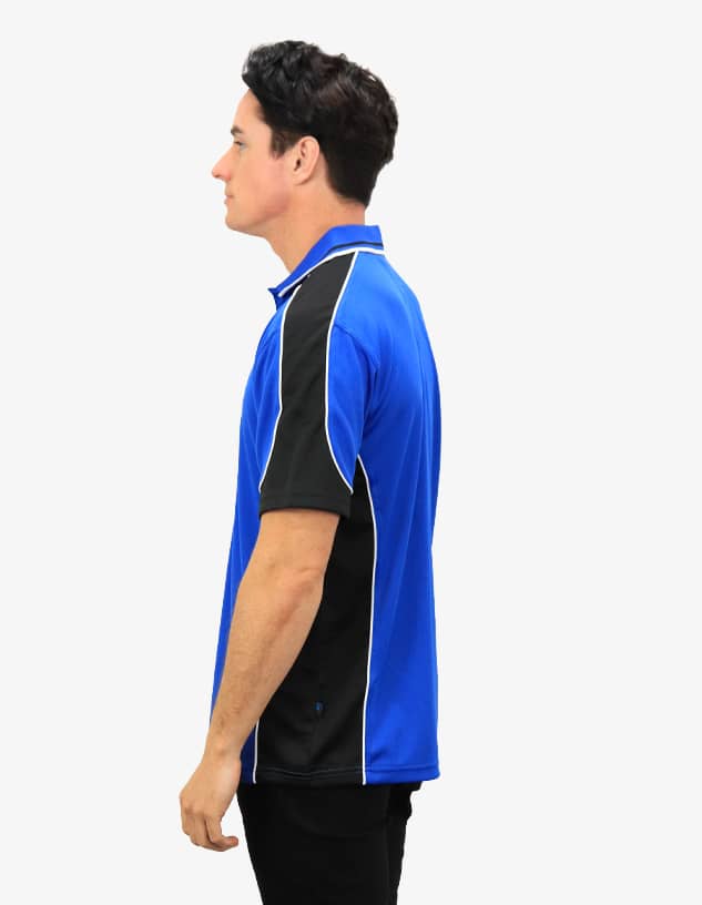 A blue and black polo shirt featuring a logo, displayed on a model from the side.