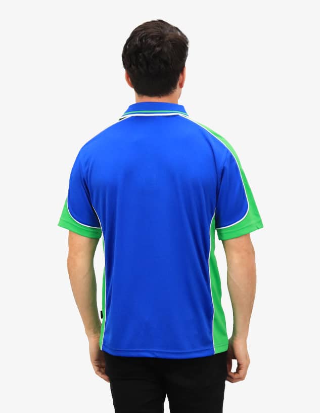 A polo shirt featuring a blue body with green sleeves and detailing, designed with a logo.