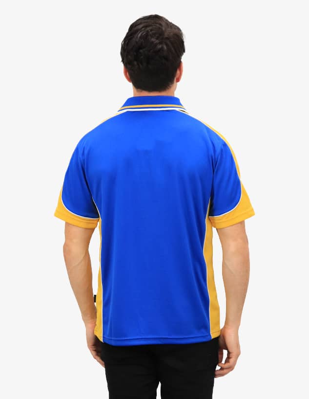 A polo shirt featuring a blue body with yellow accents and a logo on the back.