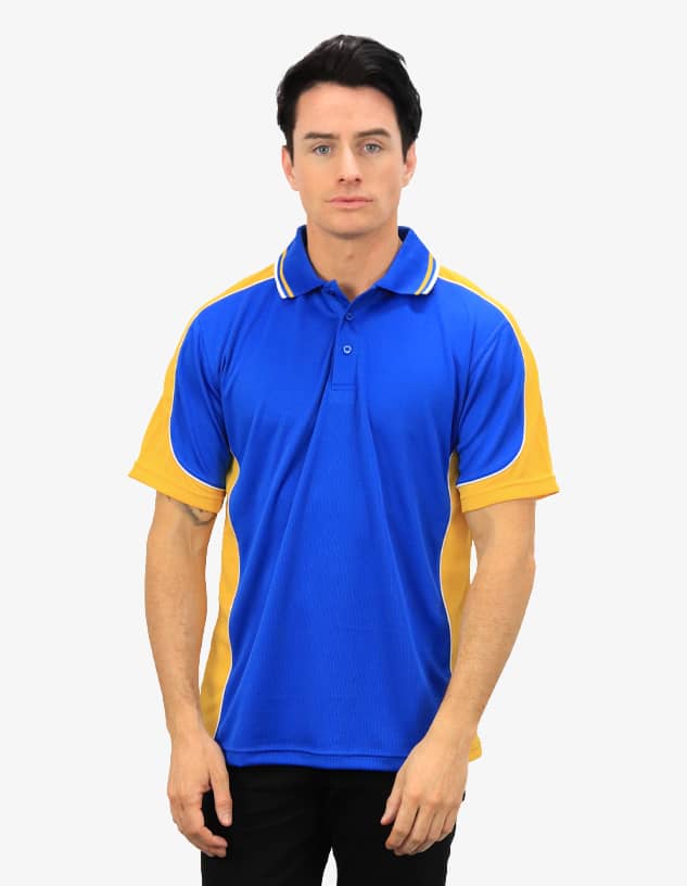 A polo shirt featuring a blue body and yellow sleeves, with a collar and logo.