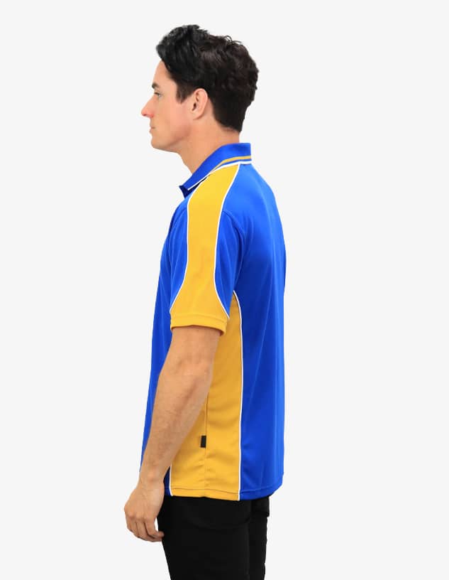 A blue and gold polo shirt featuring a logo, displayed on a model from the side.