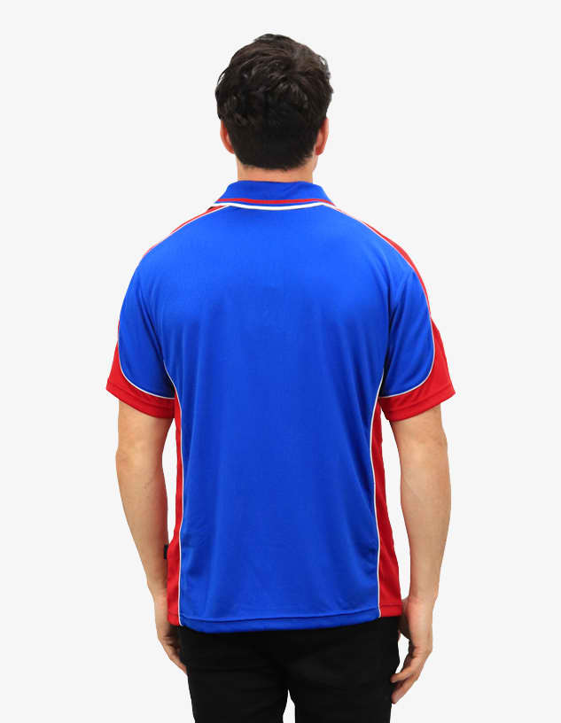 A polo shirt in blue and red with contrasting piping and a logo on the back.