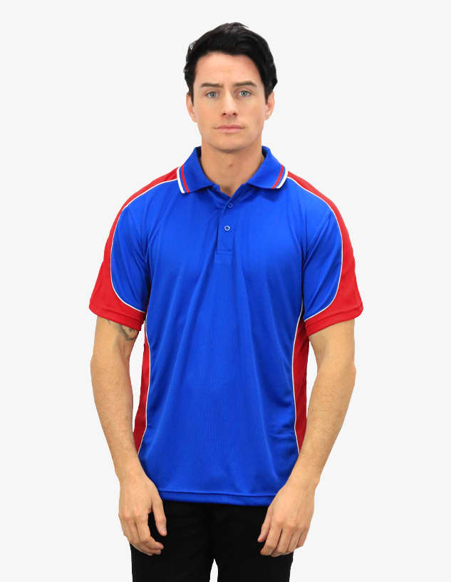 A blue and red polo shirt featuring contrasting sleeves and a collar. The shirt has a logo on it.