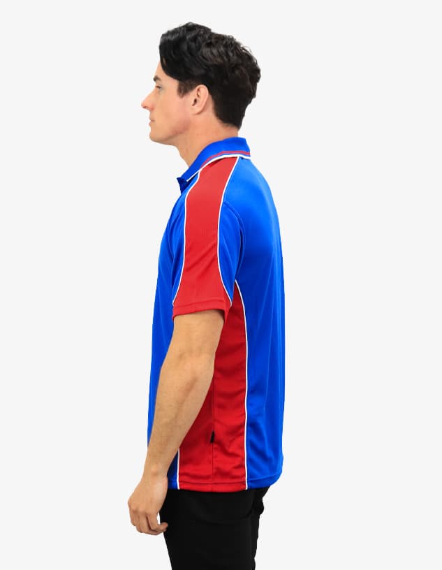 A side view of a blue and red polo shirt featuring a logo on the chest.