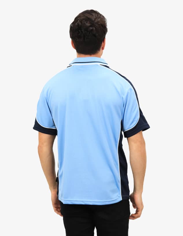 A polo shirt in light blue, featuring a dark blue panel and a logo on the back.