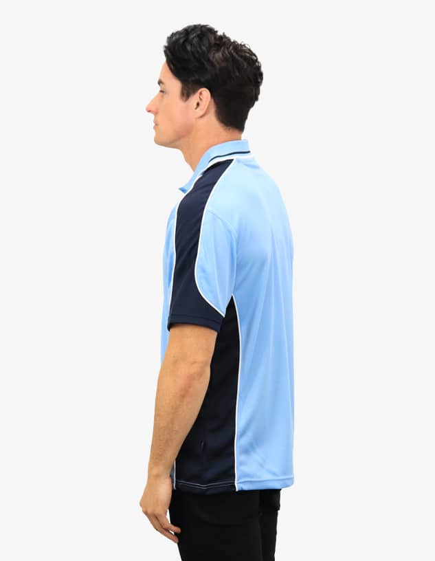 A polo shirt in light blue and navy, featuring short sleeves and a logo on the chest.