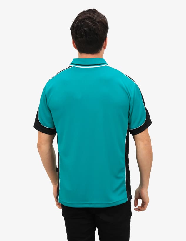 A turquoise polo shirt with black accents, featuring a logo on the left side.