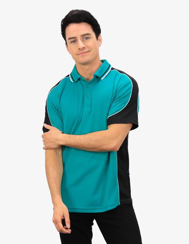 A teal and black polo shirt with contrasting details, featuring a collar and branded logo.