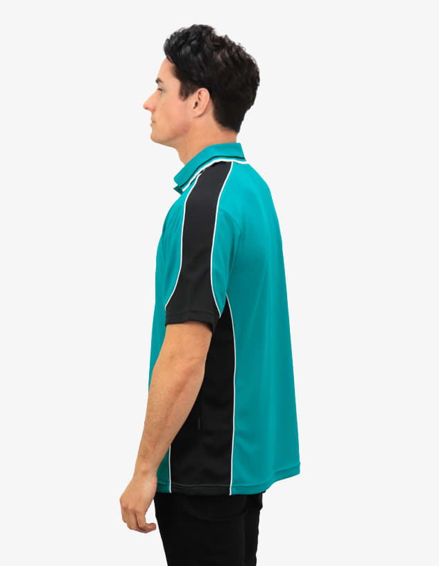 A polo shirt featuring a turquoise and black design, with contrasting trim and a logo.