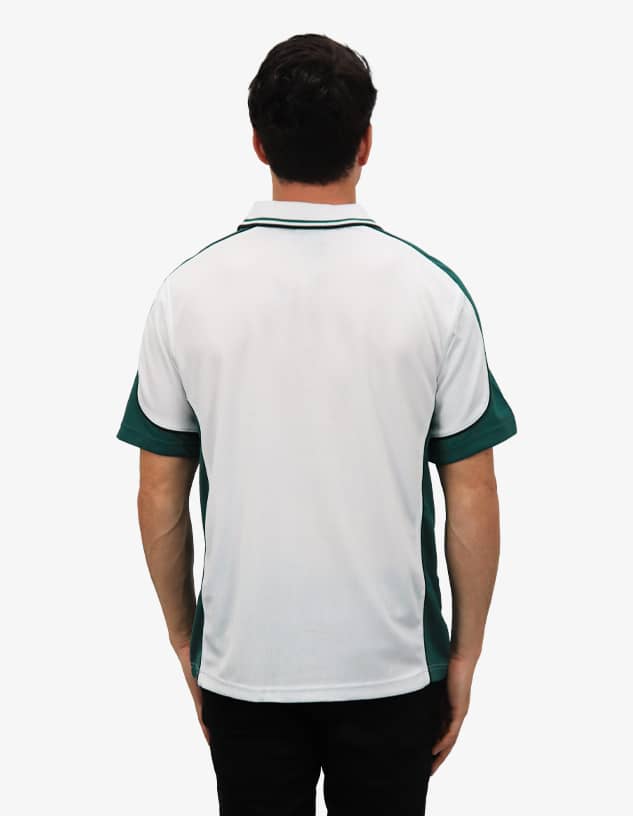 A polo shirt featuring a white body with green accents and a logo on the collar.