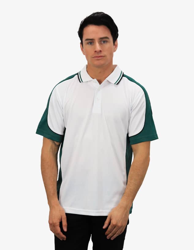 A polo shirt in white with green sleeves, featuring a collar and a logo. Suitable for casual wear.