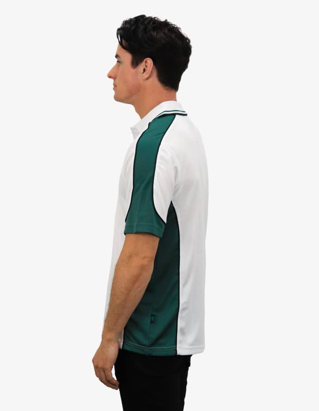A polo shirt featuring white and green colours, with a side view showcasing its design and fit. Includes a logo.
