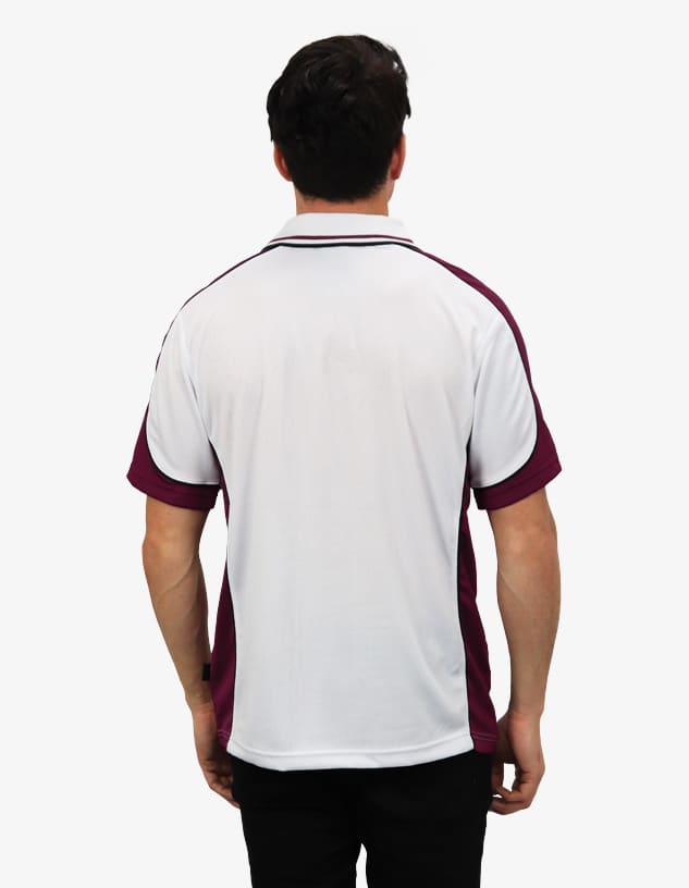 A polo shirt in white with maroon accents, featuring a logo on the back.