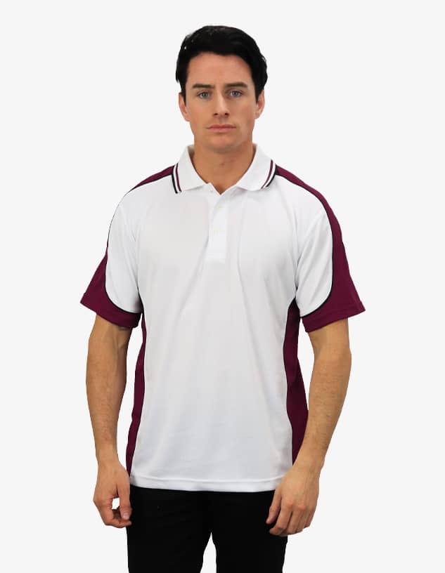 A polo shirt in white with maroon sleeves and a branded logo on the chest.