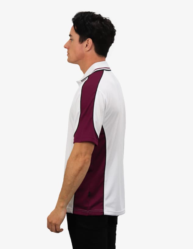 A polo shirt in white and maroon with a logo, featuring short sleeves and a classic collar.