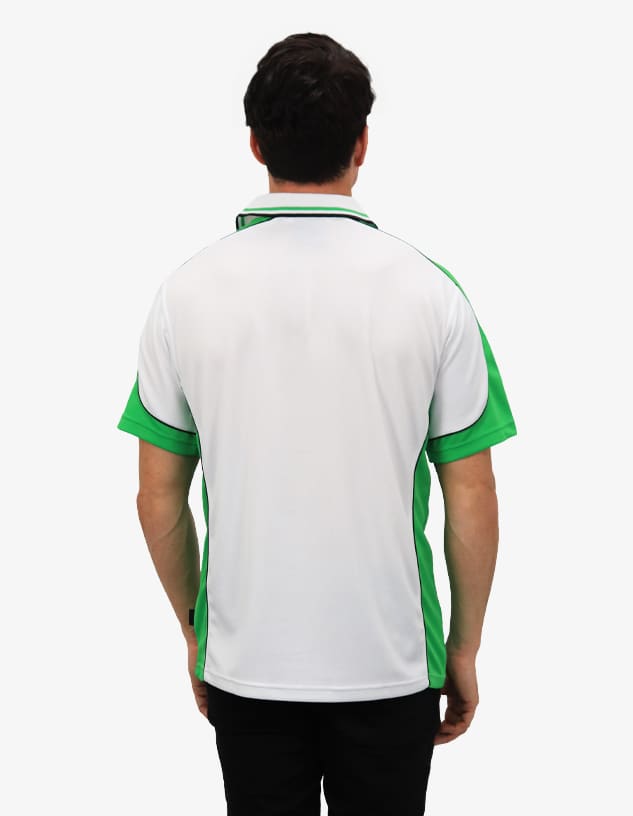 A polo shirt with a white base and green accents, featuring a logo on the back.
