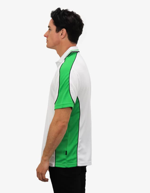 A polo shirt featuring white fabric with green side panels and a logo.