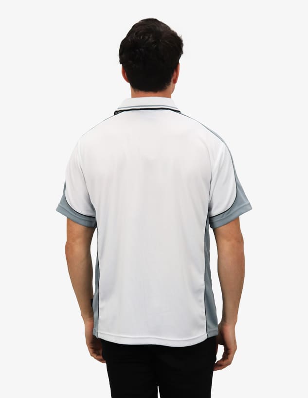 A polo shirt in white with grey accents and a logo on the back, displayed on a person from behind.