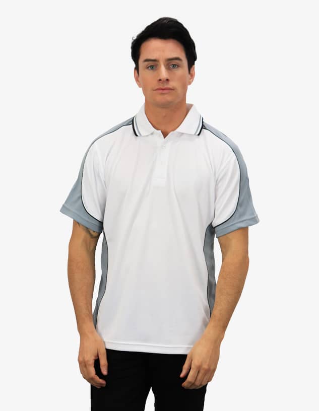 A white and grey polo shirt featuring a logo, designed with contrasting sleeves and a classic collar.