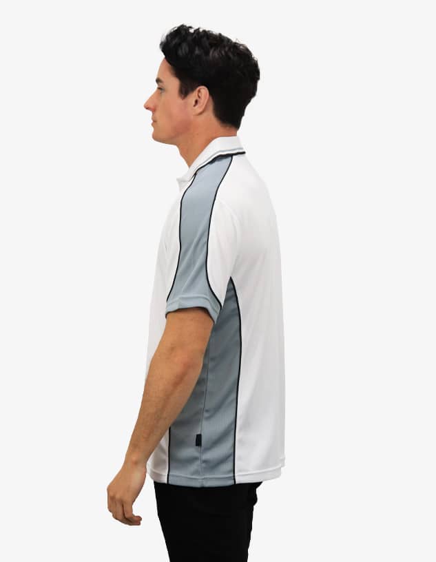 A polo shirt in white with grey accents and a logo, displayed from the side.