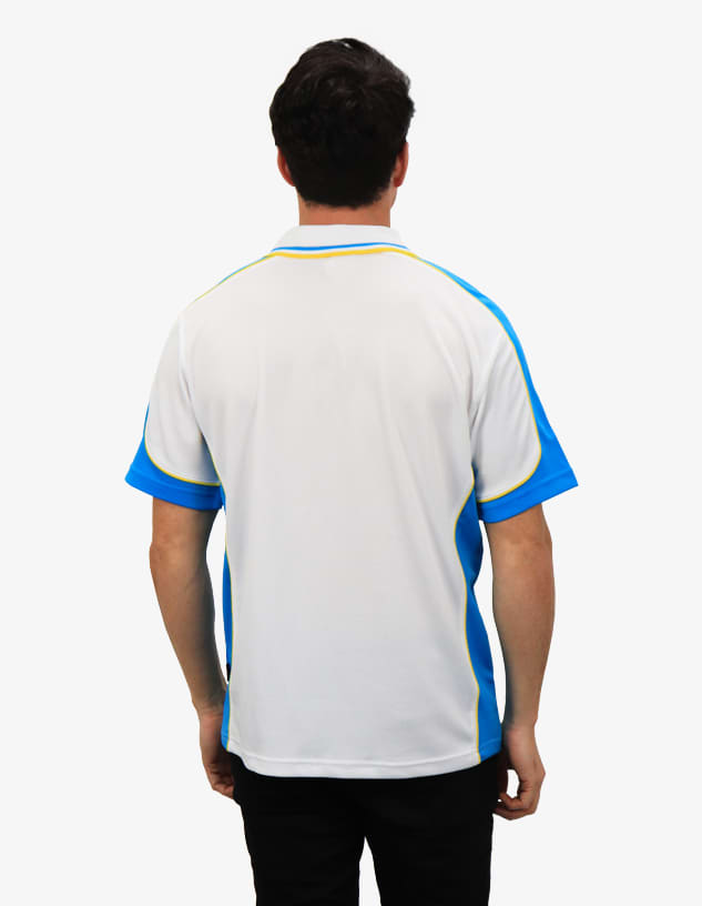 A polo shirt in white with blue sleeves and detailing, featuring a logo on the back.