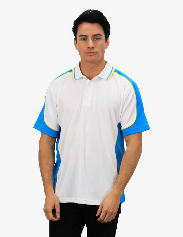 A white polo shirt with blue sleeves and yellow accents, featuring a logo on the chest area.
