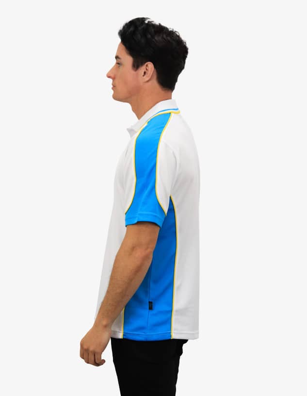 A polo shirt featuring white fabric with blue and yellow accents, designed for casual wear. It has a logo on it.