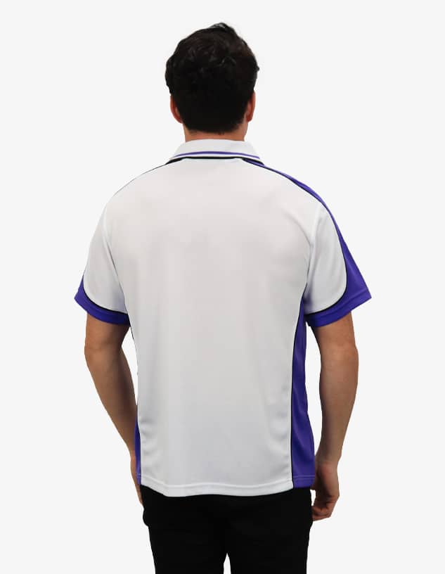 A polo shirt in white with purple sleeves, featuring a logo on the front.