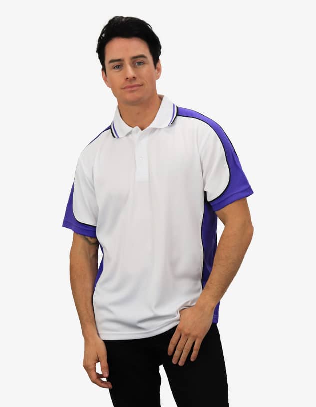A polo shirt in white with purple accents, featuring a collar and a logo.